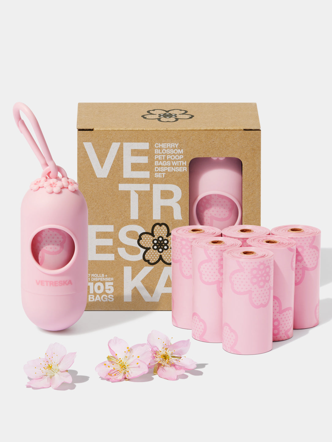Cherry Blossom Pet Poop Bags with Dispenser